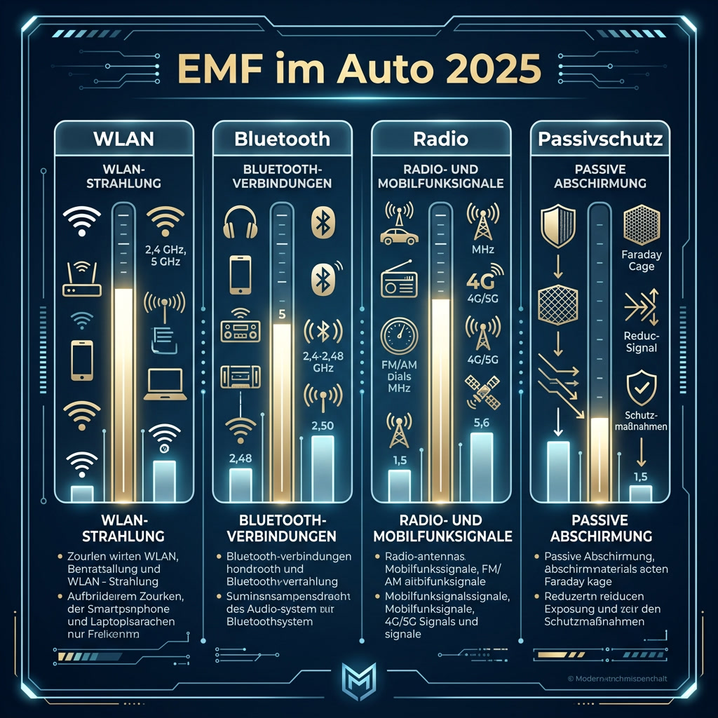 Elektrosmog im Fahrzeug: Ursachen, Risiken und Schutzoptionen 6 Infografik: EMF-Quellen im Auto 2025 – technischer Vergleich