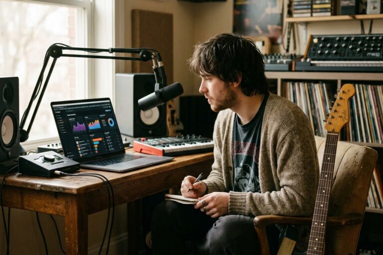 Musiker im Homestudio analysiert die Website-Sichtbarkeit am Laptop