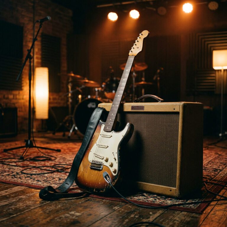 Gitarre und Verstärker in einem Proberaum, Symbolbild für Musikinstrumentenversicherung