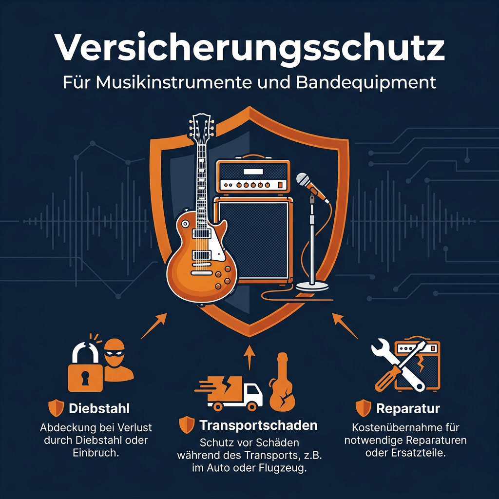 Infografik: Was eine Musikinstrumentenversicherung abdeckt - Diebstahl, Transportschaden, Reparatur