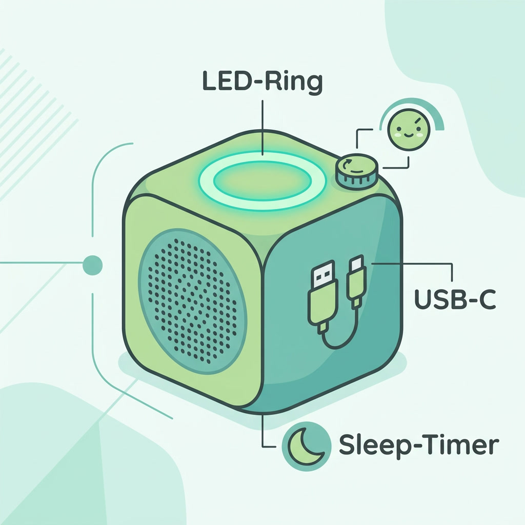 Infografik: Neue Features der Toniebox 2 – LED-Ring, USB-C-Laden und Sleep-Timer
